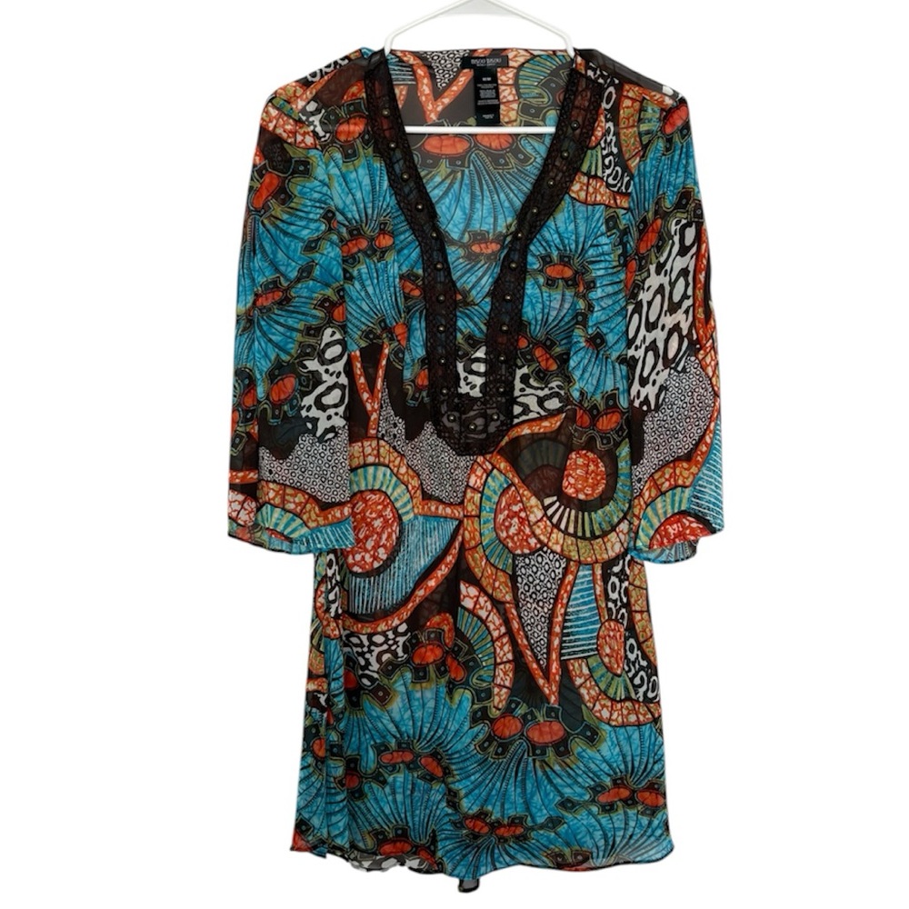 Bisou Bisou Print Bohemian Sheer Blouse Beaded V-Neck Abstract Y2K Medium